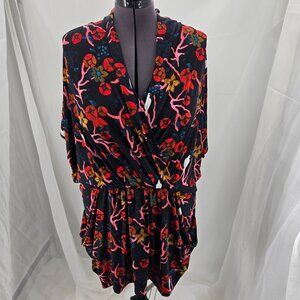 718-7 Rachel Roy Black, Red, Pink Floral Bird print mini dress Size XL